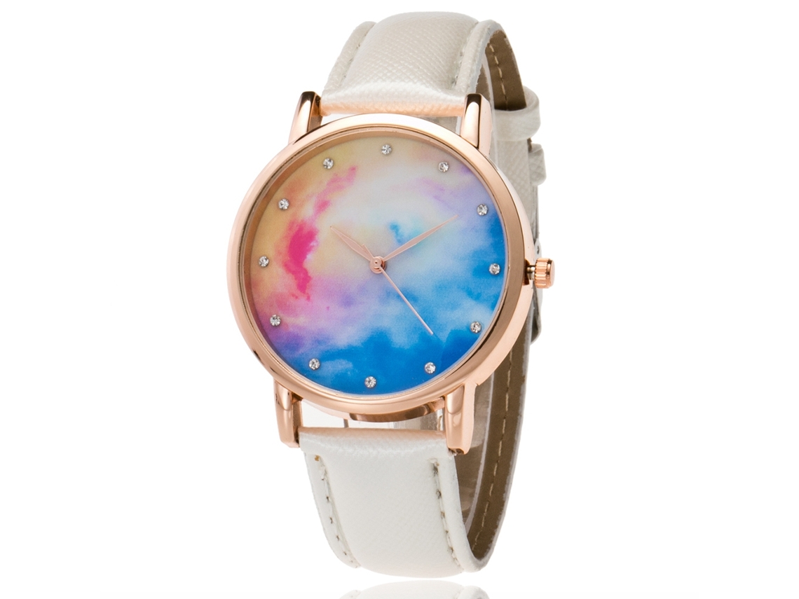 Relógio de Pulso de Quartzo com Pulseira de Couro Pu e Esfera Céu Estrelado Branco