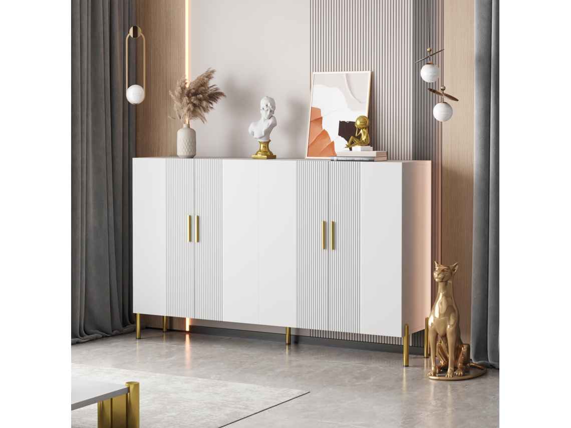 Aparador branco fosco 160 x 35 x 100 cm com 4 portas, design moderno com detalhes dourados, armazenamento multifuncional Hvorstur