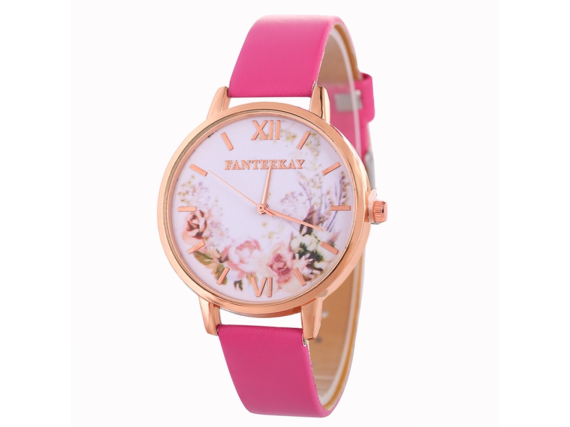 Relógio de Pulso Feminino de Quartzo com Pulseira Pu Estilo Fashion (vermelho Rosa)
