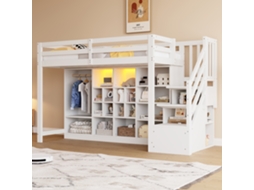 Cama 90x200cm Com Armários Gavetas Led Escada Branca