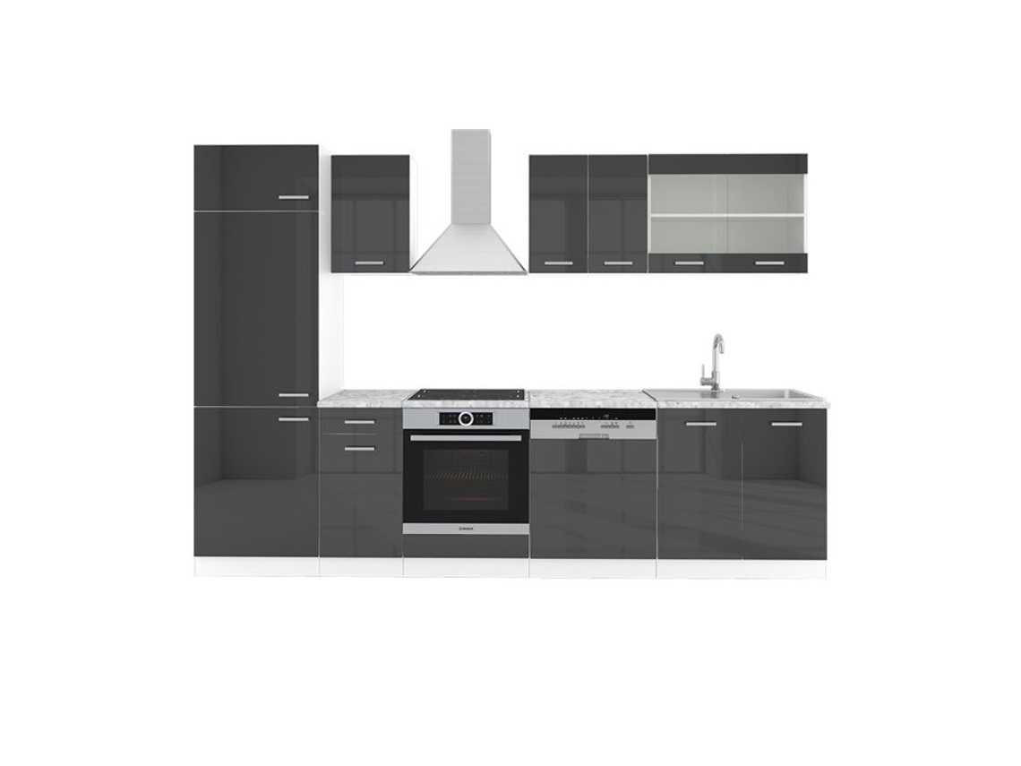 Cozinha R-Line, 300 cm, Mármore PT, Antracite brilhante/branco, Vicco