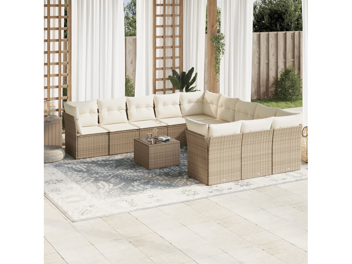 Vidaxl 12 Pcs Conjunto De Sofás P/ Jardim Com Almofadões Vime Pe Bege