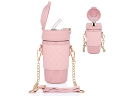 2026 botella Térmica de Acero Inoxidable com Canudo, Capa e Correia Ajustável 480ml Rosa