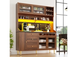 Armário Doméstico 145×39×171cm Prateleiras Ajustáveis, Led, Gaveta E Espaço Para Vinho Acabamento Nogueira Natural