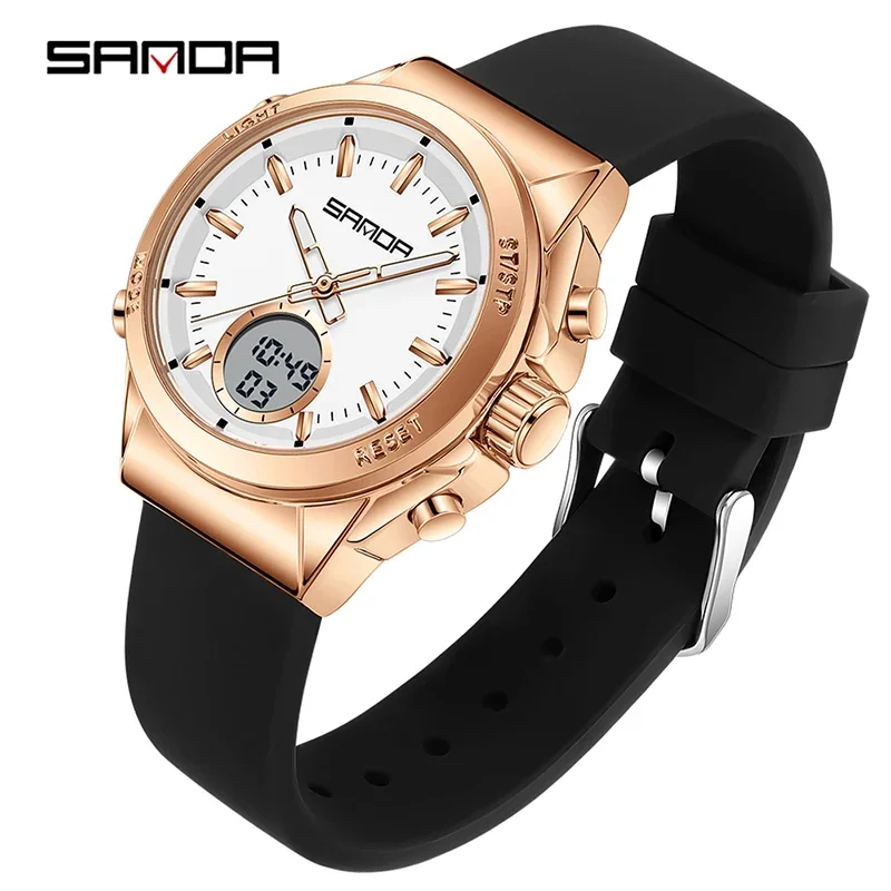 Relógio Eletrônico Feminino Elegante e Casual com Despertador, Luminescente, À Prova D'água, Visor Duplo e Funções Multifuncionais. MDUG