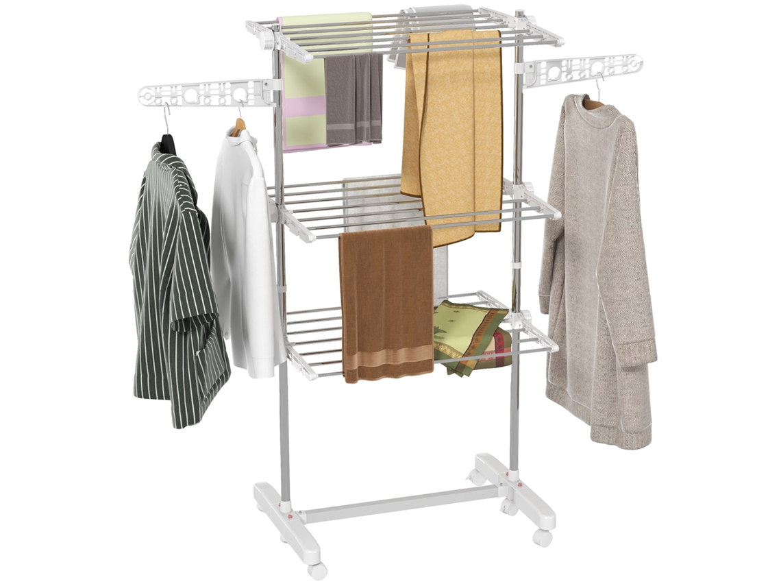 Varal De Secar Roupa Vertical Dobrável Em Aço E Plástico Com 6 Rodas E 3 Prateleiras Ajustáveis, 142x55x172 Cm
