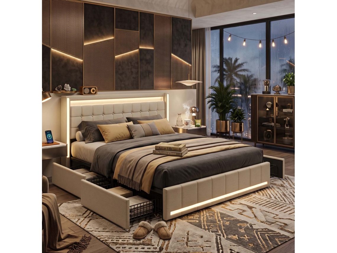 Lazyspace Cama De Casal Estofada Em Linho 160x200 Cm Com Led Rgb, Usb/type-c E 4 Gavetas - Bege