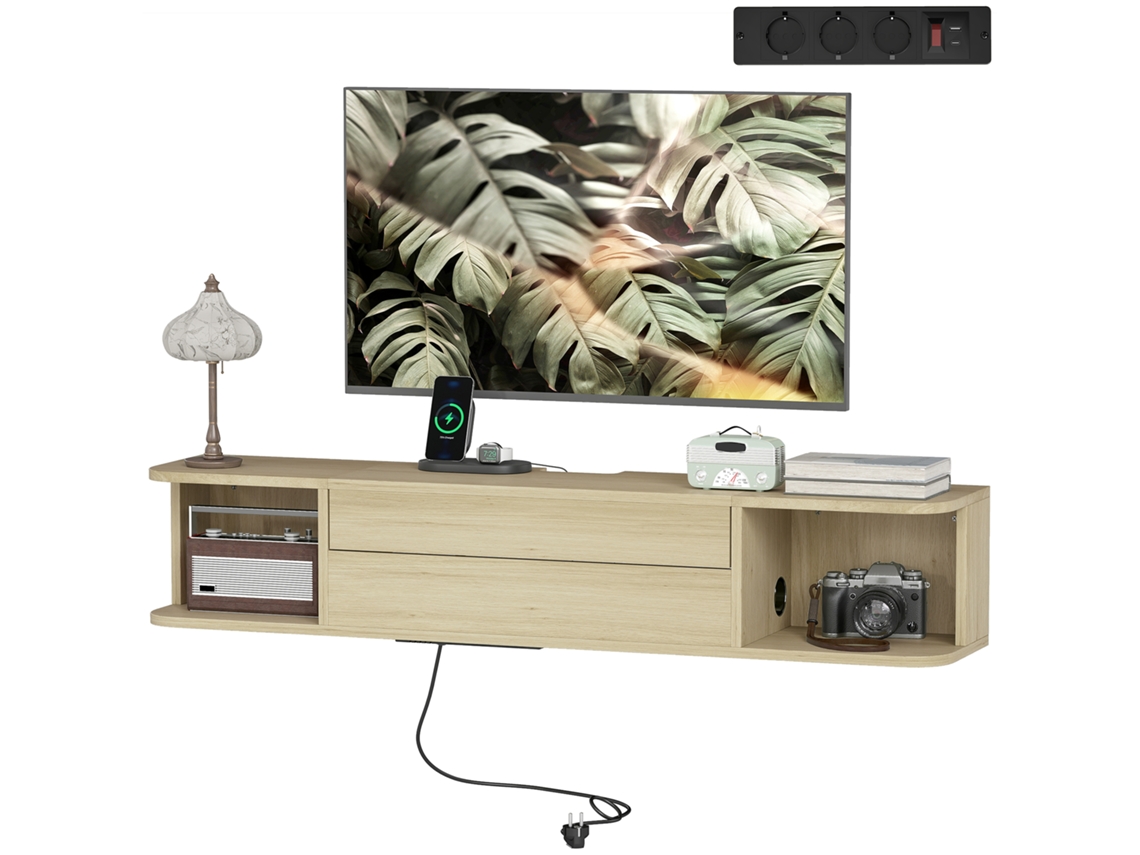 Suporte De Tv Suspenso Com Gavetas E Ilhós Cabos, 120x24x22,4cm, Tvs Até 50 Polegadas Madeira Natural