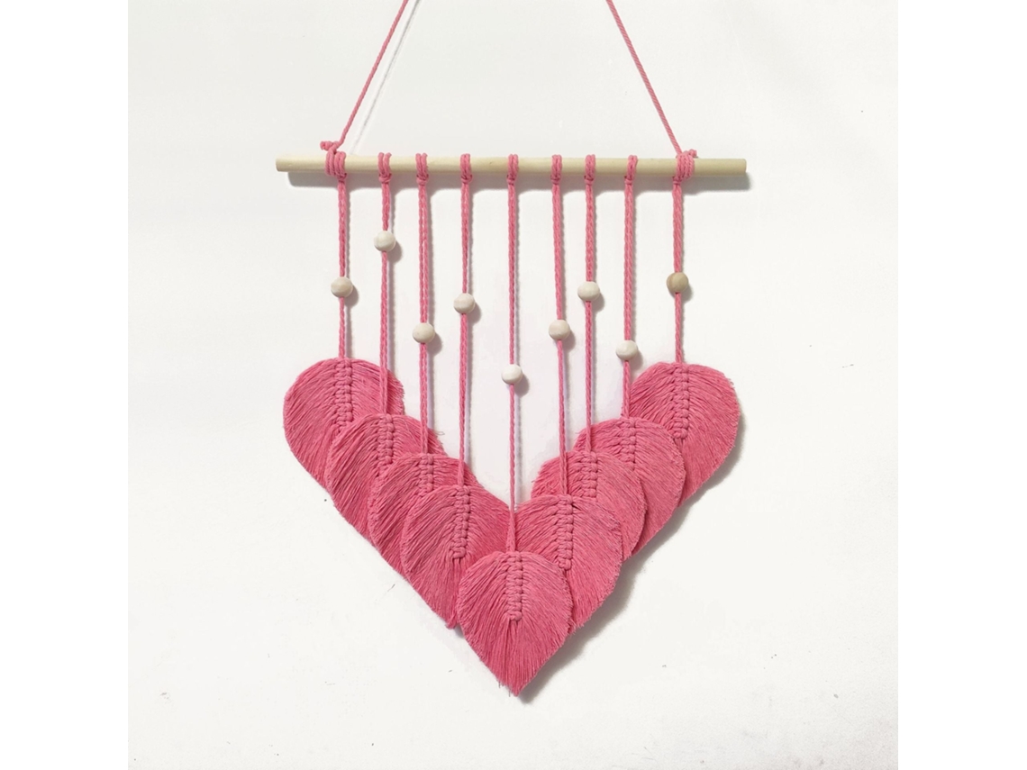 Decoração de Parede em Macramê Rosa com Formato Coração e Folha, 40× 80cm, Estilo Boho, com Haste de Madeira Natural BRILVIBERA
