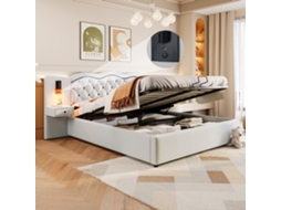 Cama Casal Bege 180x200cm Estofada, Hidráulica, Usb, 2 Abajures, Ripas. -op