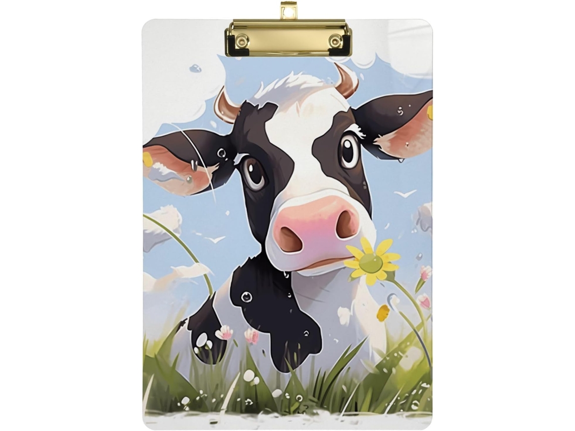 Prancheta com estampa de vaca e margaridas, estilo campestre de verão, transparente, para sala de aula, com tema