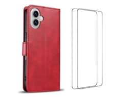 Capa Tkdaddy Para Iphone 16 Com 2 Peças De Vidro Temperado Wanlonfeng Wn Series, Capa De Couro Com Textura De Bezerro, Recortes Grandes, Vermelha