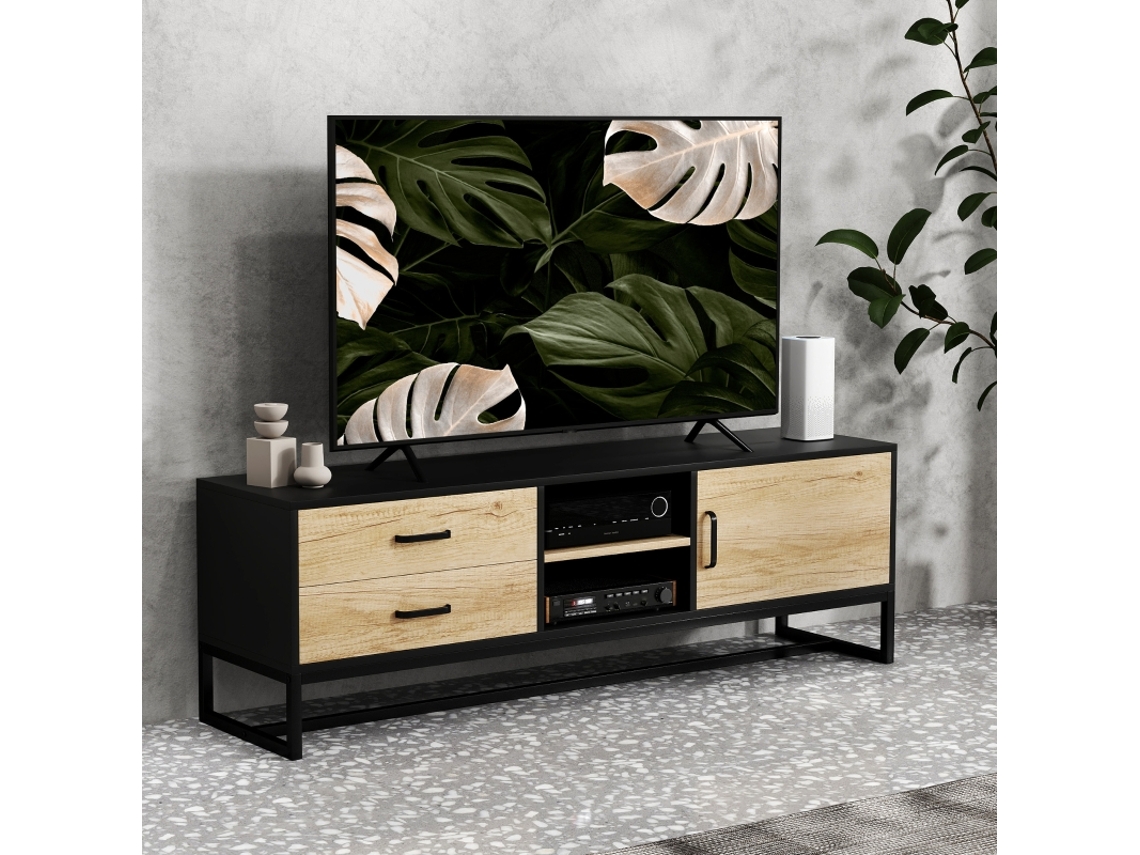 Móvel De Tv Para Televisores Até 60 Polegadas, Móvel De Tv Com Armário, Compartimentos Abertos, 2 Gavetas, Madeira Natural