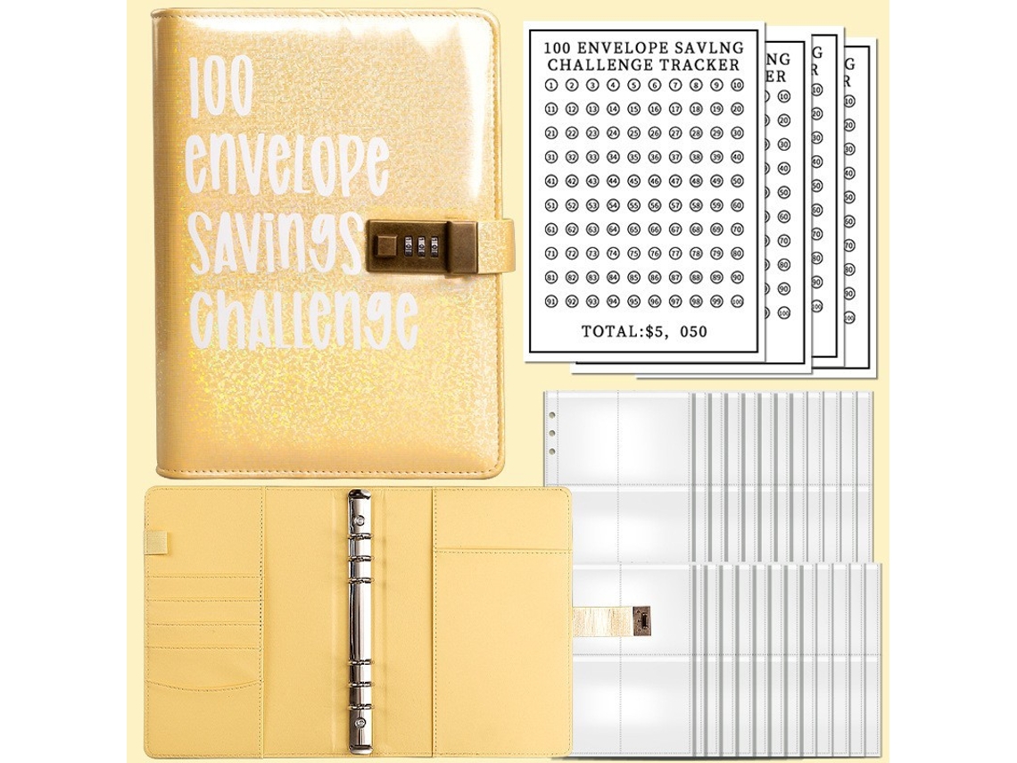 100-envelope Challenge Binder With Combination Lock 8 5-holographic Yellow Savings Journal, Includes 1-notebook, 25 4-grid