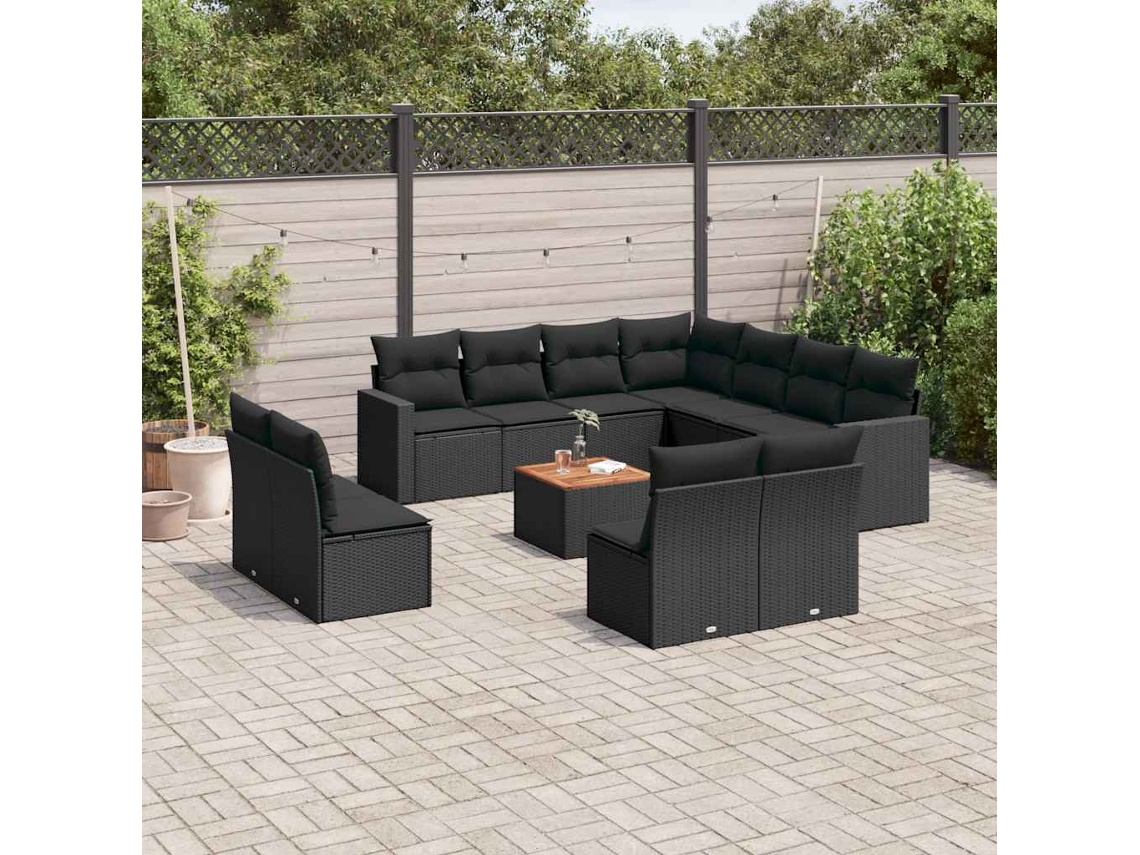 Vidaxl 12 Pcs Conjunto De Sofás De Jardim C/ Almofadões Vime Pe Preto
