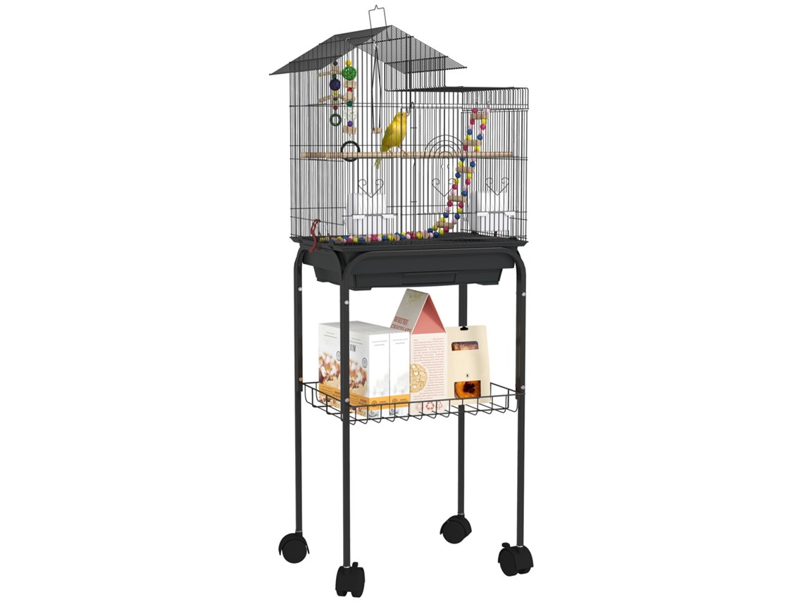 Viveiro com Múltiplas Rodas Portas 2 Comedouros 2 Cabides Escadas Girais e Bandeja Removível 46x36x120 Cm Preto Ge