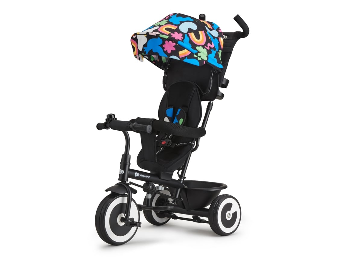 Triciclo Kinderkraft ASTON evolutivo com assento reversível, rodas EVA anti‑furo, capota dobrável e empurrador Happy Shapes