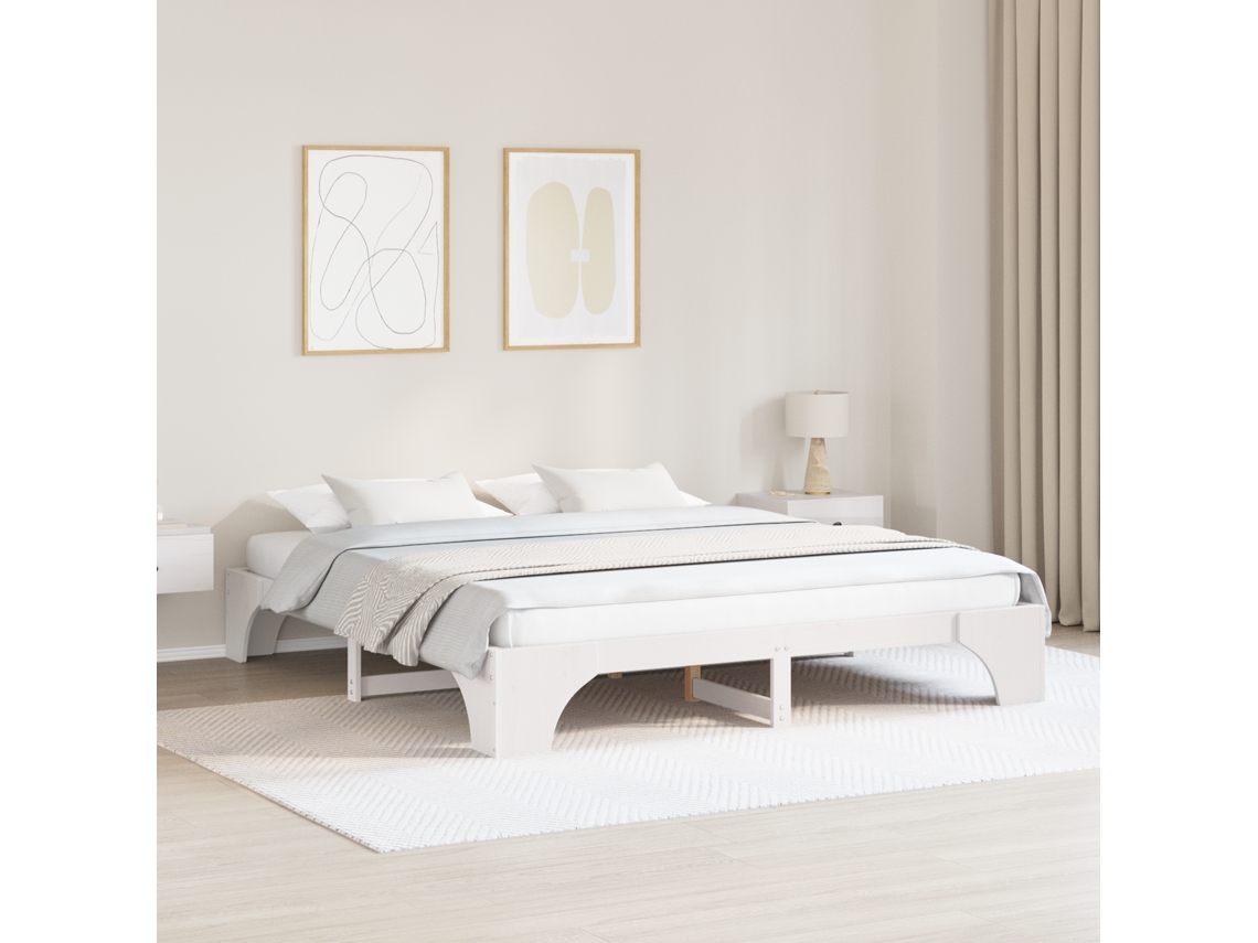Estrutura De Cama Branca Madeira Sólida 180 X 200 Cm