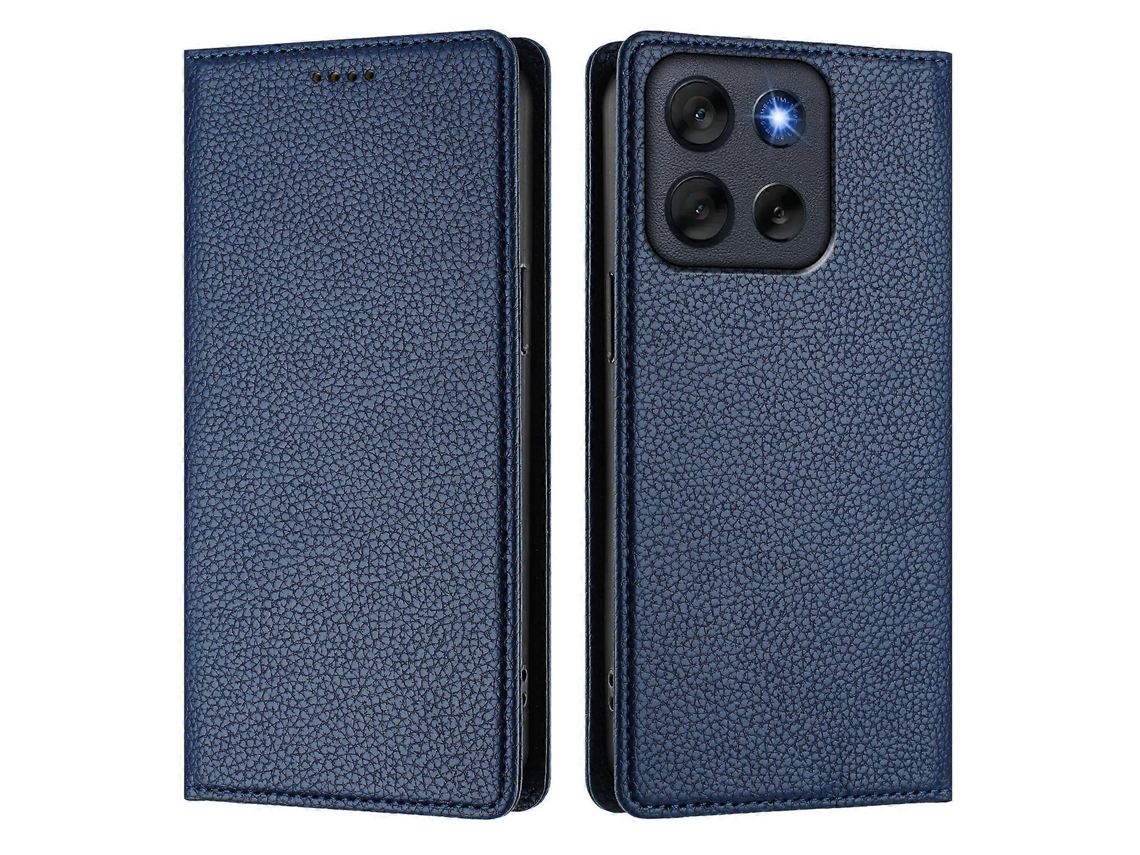 Capa Tipo Carteira Para Motorola Moto G56 5g Com Bloqueio Rfid E Textura De Lichia Em Couro Azul Escuro