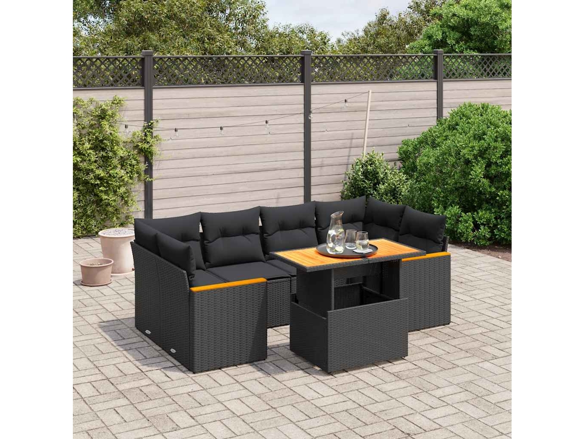 Vidaxl 7 Pcs Conjunto De Sofás P/ Jardim C/ Almofadões Vime Pe Preto