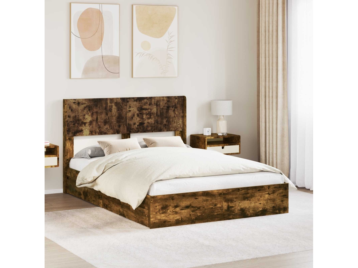 Vidaxl Estrutura De Cama Com Armazenamento E Cabeceira Carvalho Fumado