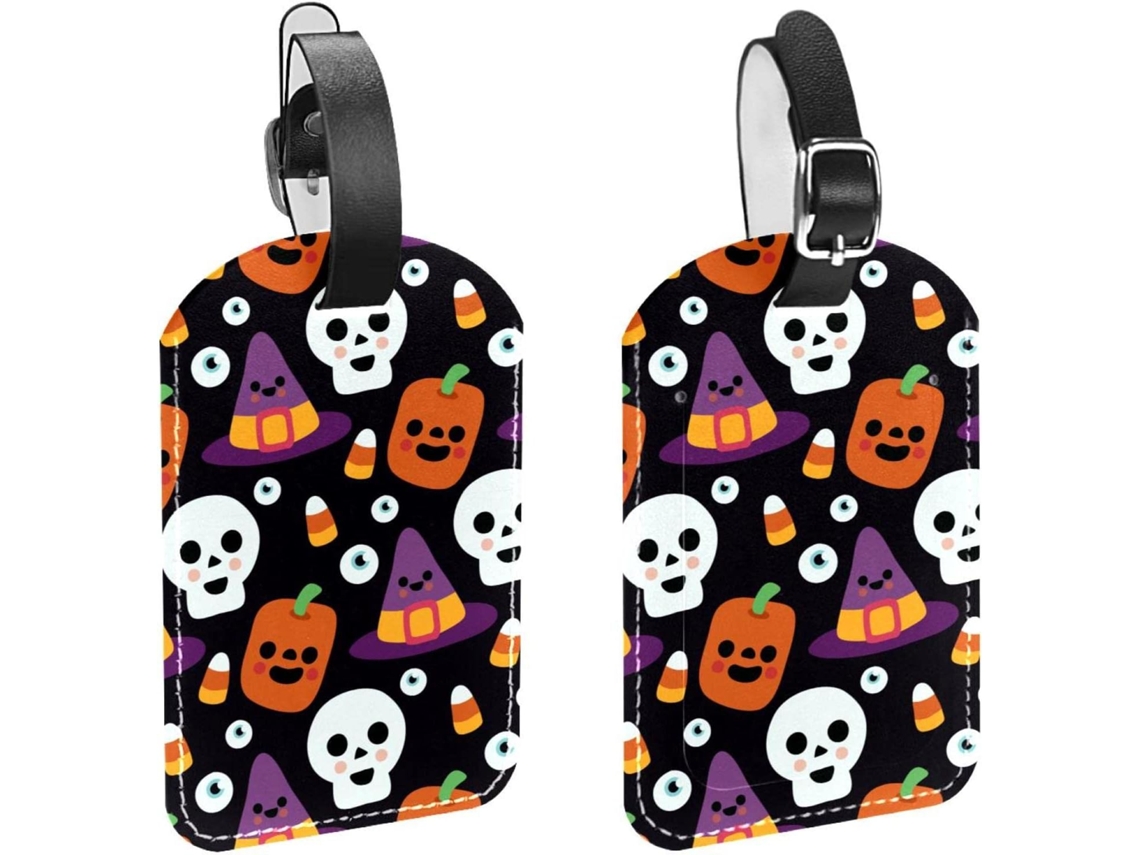 Conjunto De 2 Etiquetas Bagagem Em Couro Pu Com Estampa Caveira O Halloween, Pretas