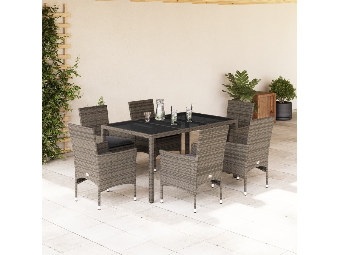 Vidaxl 7 Pcs Conjunto Jantar Jardim C/ Almofadões Vime Pe/vidro Cinza