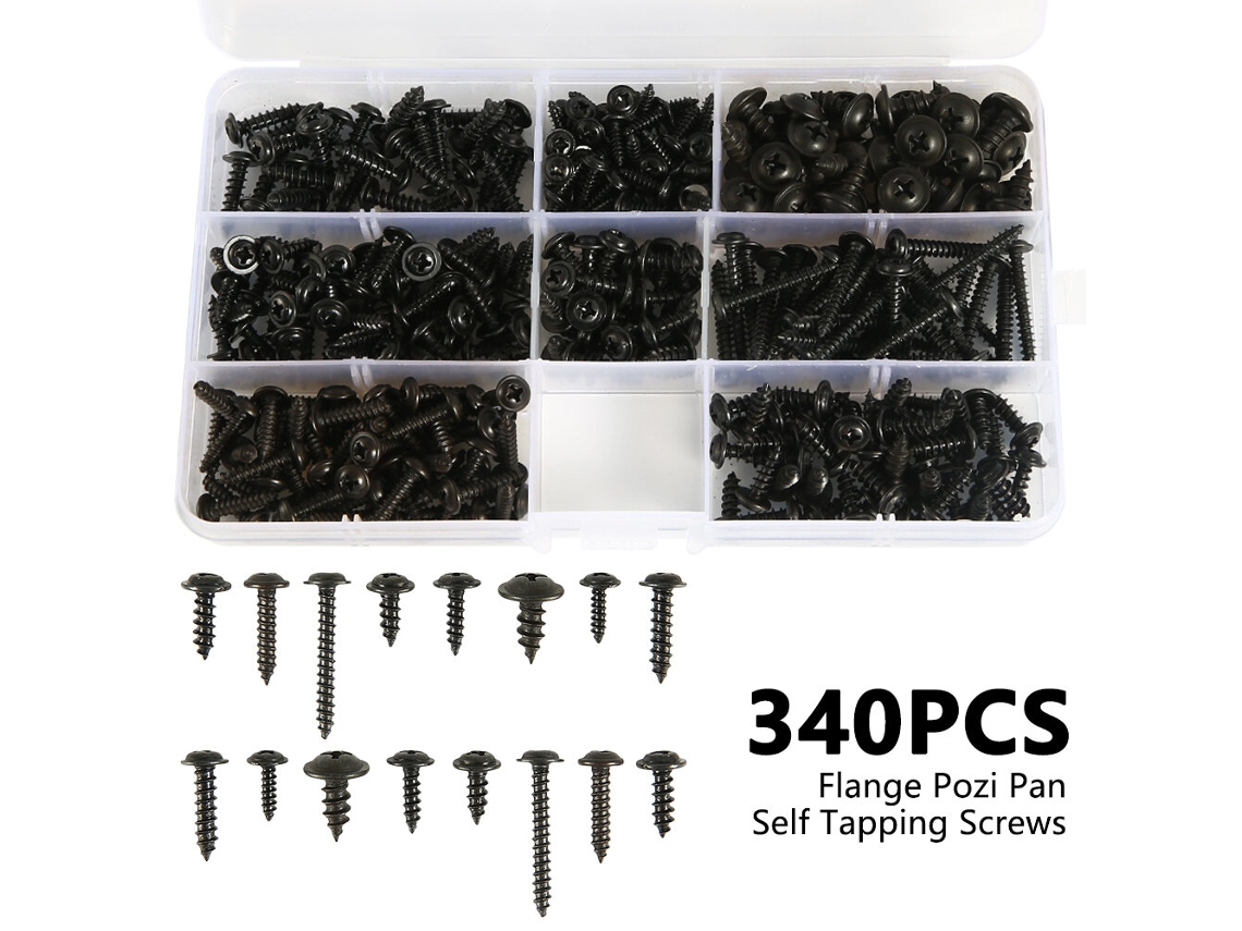 Conjunto de 340 Parafusos Autoatarraxantes com Cabeça Panela e Cabeça Cruzada M3/m3.5/m4/m4.8 para Móveis, em Aço Carbono Preto. MDUG