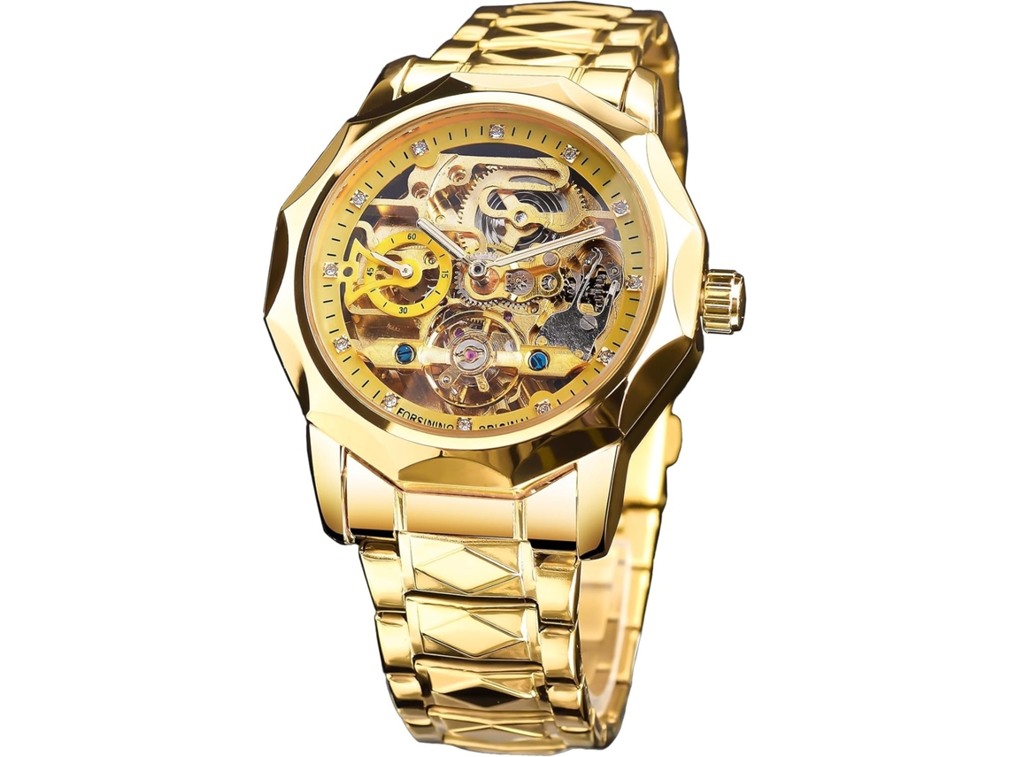 Lurelia Relógio Mecânico Masculino, Automático, Luminoso, Detalhes Com Strass, Mostrador Esqueleto, Turbilhão, Aço Inoxidável, Vidro Mineral