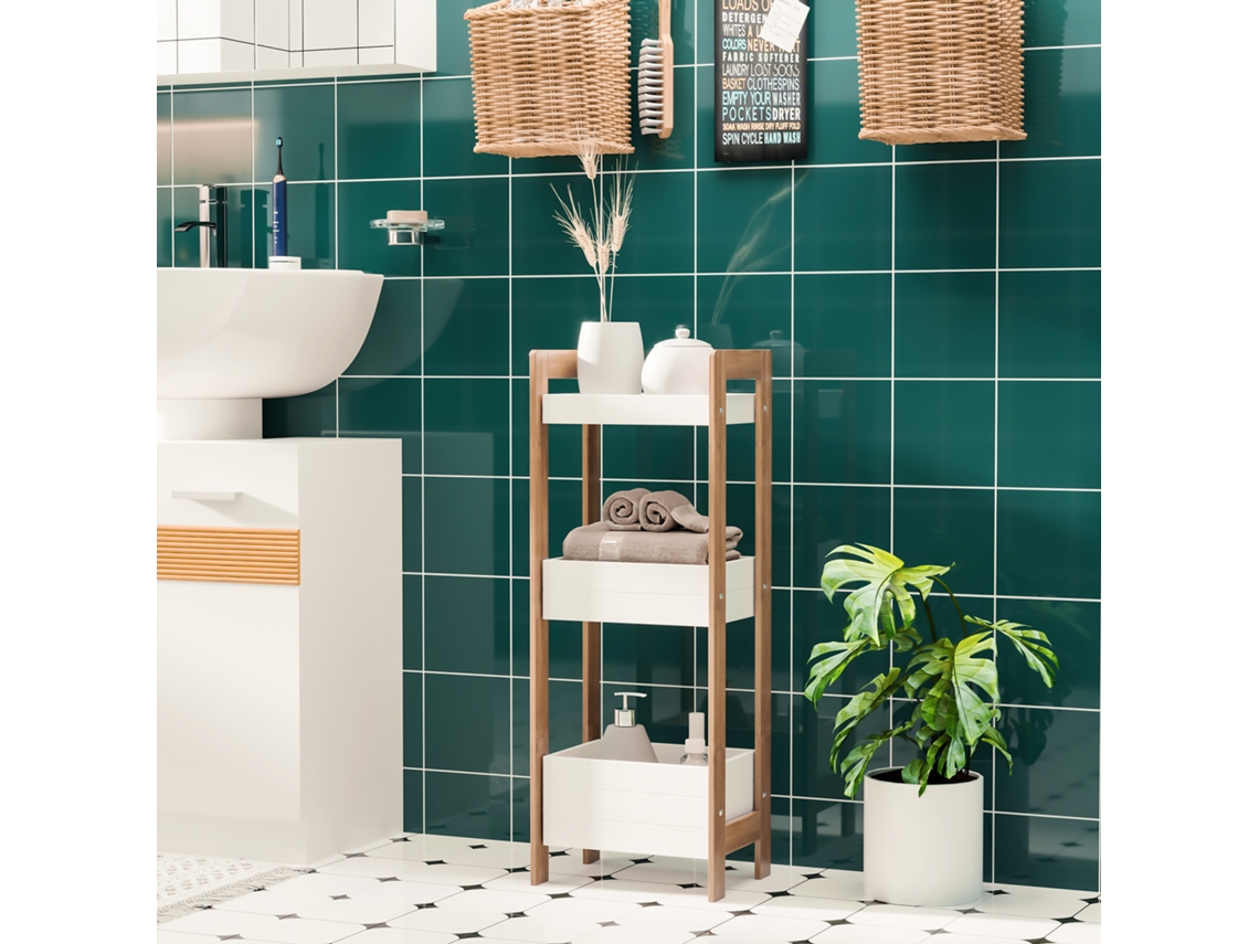 Móvel De Banho Multiuso, Estante Higiene A 3 Prateleiras Compacta Em Madeira Mdf E Bambu, Branco, 27.5x20.8x74cm