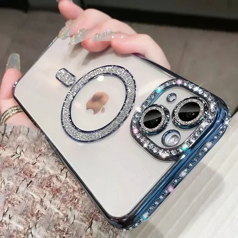 (iphone 16 Plus, Azul) Capa Transparente E Brilhante Com Cristais Para Iphone, Compatível Com Carregamento Sem Fio Magnético Magsafe.