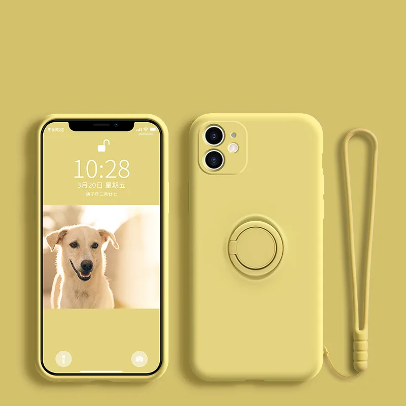 Capa De Celular Em Silicone Líquido Macio (iphone 14 Plus Amarelo) Com Suporte, Anel E Alça De Pulso.