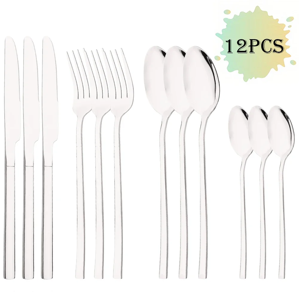 MDUG (conjunto de Talheres de Aço Inoxidável Prateado, com 12 Peças, Incluindo Faca, Garfo e Colher de Café)
