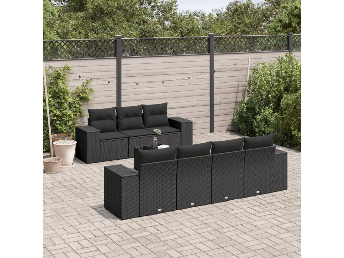 Vidaxl 8 Pcs Conjunto Sofás De Jardim Com Almofadões Vime Pe Preto