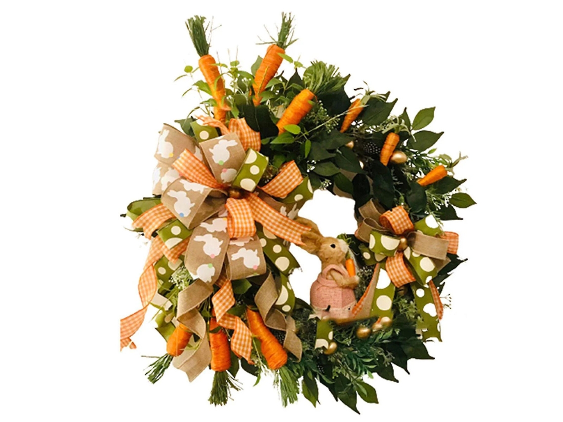 KOFIHETY Guirlanda De Páscoa Com Coelhinho E Ovo Dourado, Plantas Artificiais E Cenouras, 1 Peça, Laranja