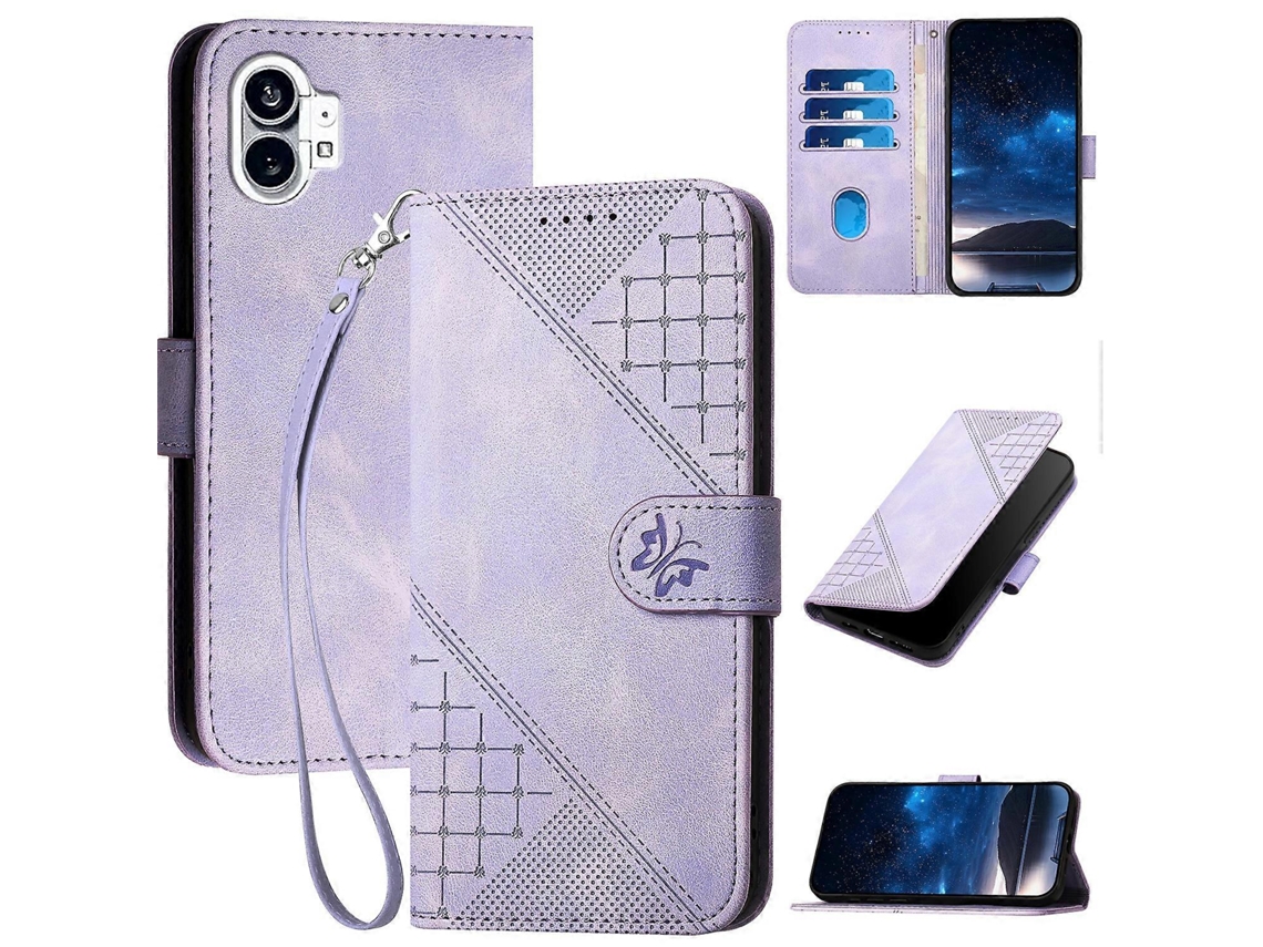 Capa De Celular Yx0080 Em Couro Com Estampa De Borboleta Em Relevo E Cordão Para Nothing Phone 1