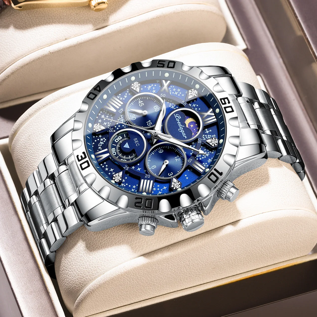 (Azul Roxo) Relógio Masculino Elegante para Negócios, Prova D'água, Cronógrafo Luminoso