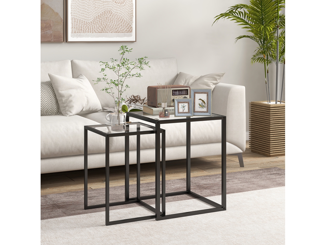 Conjunto De 2 Mesas Auxiliares Empilháveis Com Estrutura De Aço,mesa De Canto Moderna Para Sala De Estar Preta Mega Echo Trade Shop