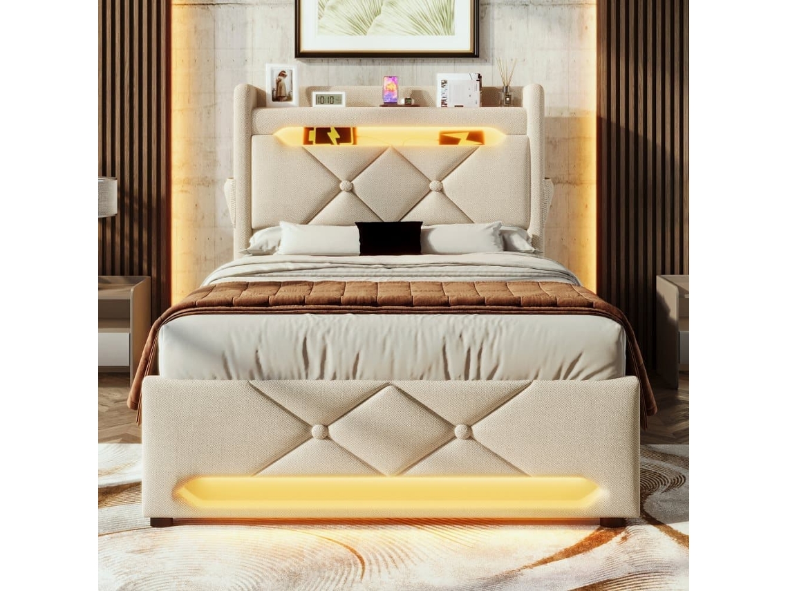 Cama Individual 90x200 - Com Arrumação E Led 360 - Bege