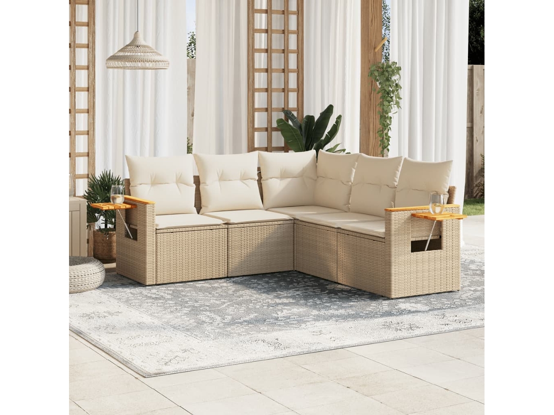Vidaxl 5 Pcs Conjunto De Sofás P/ Jardim Com Almofadões Vime Pe Bege