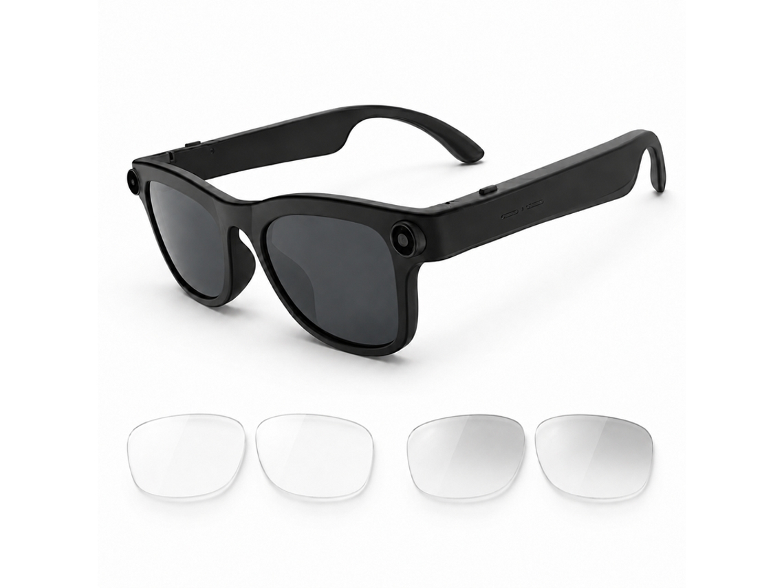 Óculos Inteligentes Wk106 (ia - Câmara 13mp - 32gb De Armazenamento - 3 Lentes - Preto)