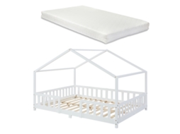 Cama de Criança Treviolo em Forma de Casa em Pinho com Colchão 140X200 Cm Branco Mate En.Casaneu.Haus