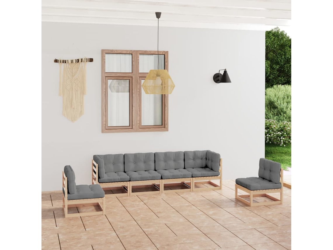 6 Pcs Conjunto Lounge De Jardim Com Almofadões Pinho Maciço Dkd Home Decor