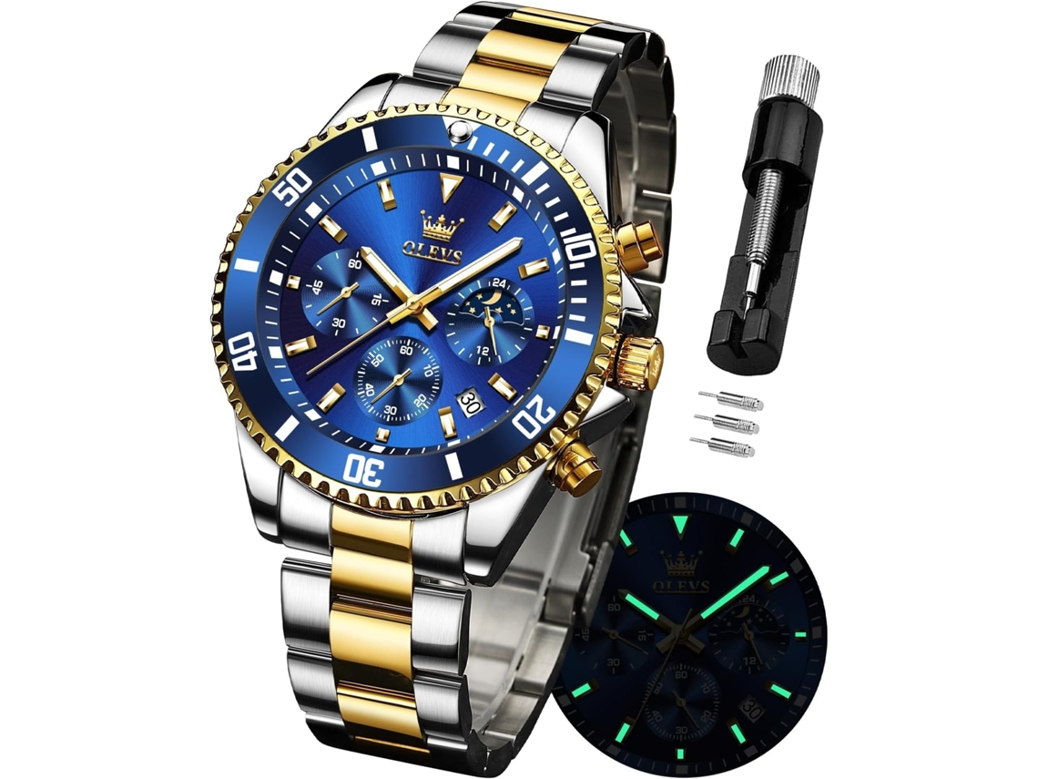 Lurelia Relógio Masculino, Movimento De Quartzo, Luminoso, Detalhes Com Strass, Aço Inoxidável, Abs, Azul
