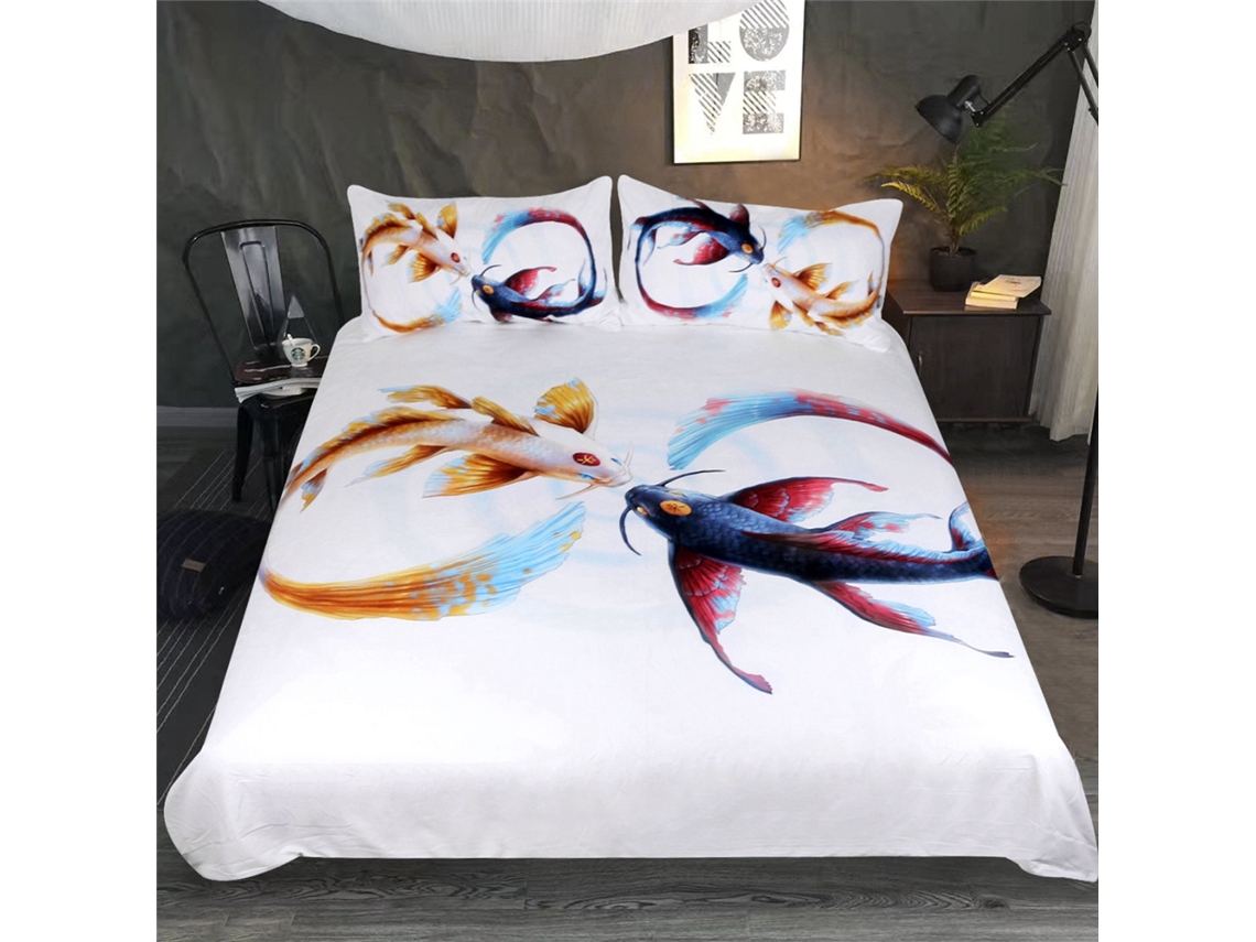 Conjunto De Cama Eoocoo Com Esquema De Cores Dourado E Azul E Design Auspicioso De Peixes Duplos