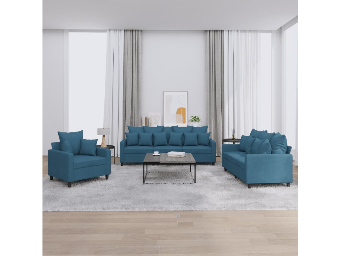 Vidaxl 3 Pcs Conjunto De Sofás Com Almofadões Veludo Azul
