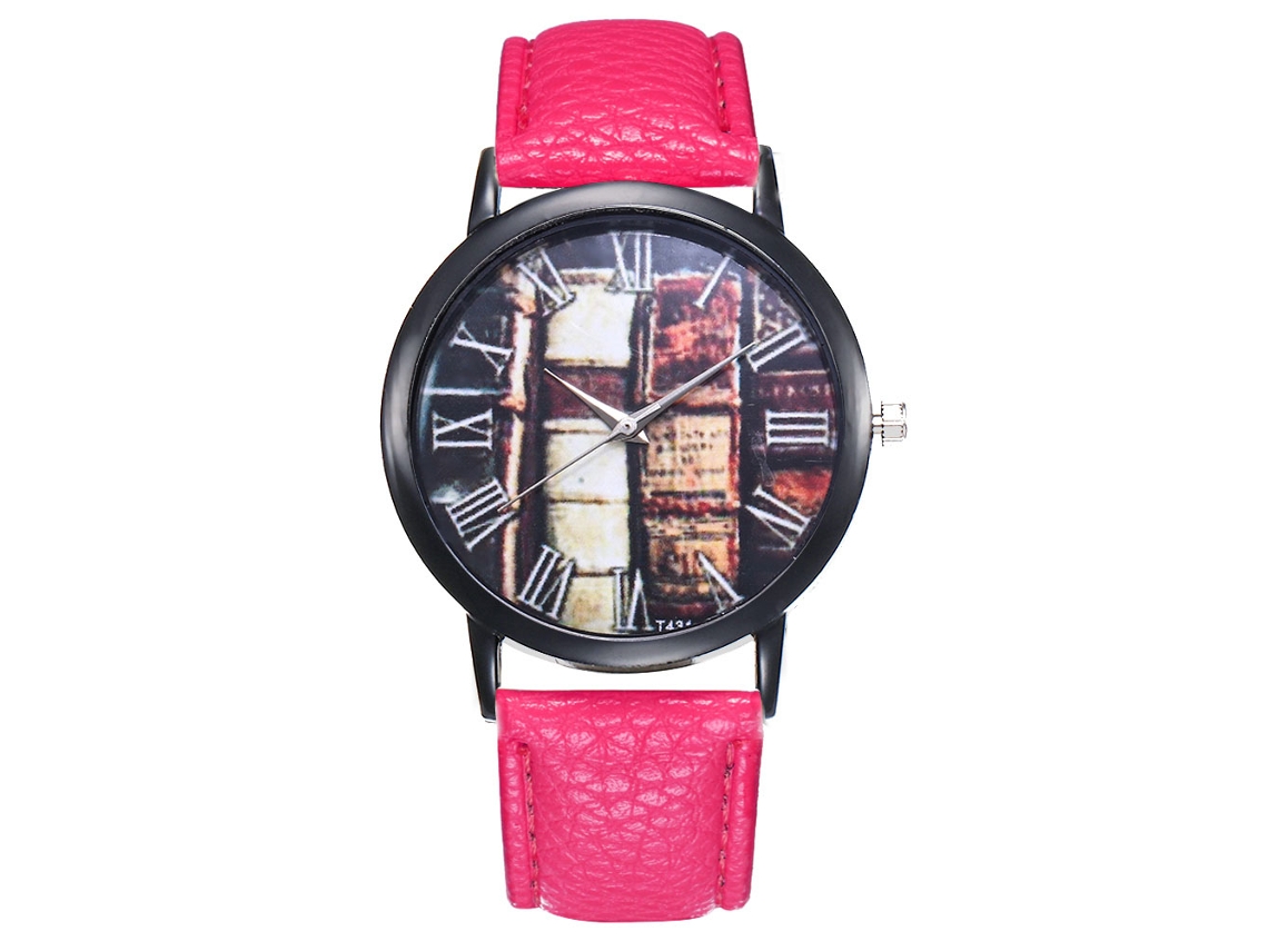 Relógio de quartzo unissex com pulseira de couro sintético, mostrador redondo, modelo T431 (vermelho e rosa).