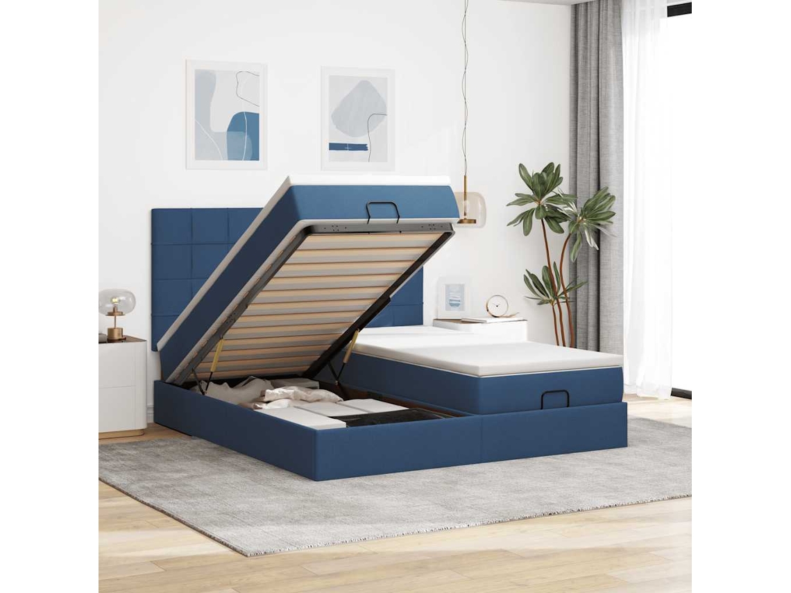 Estrutura De Cama Otomana Com Colchões 200x200cm Tecido Azul