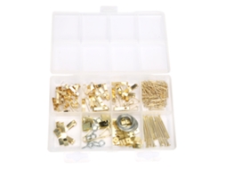 Kit com 200 peças sortidas de pregos, ganchos e parafusos de ferro para pendurar quadros e molduras.