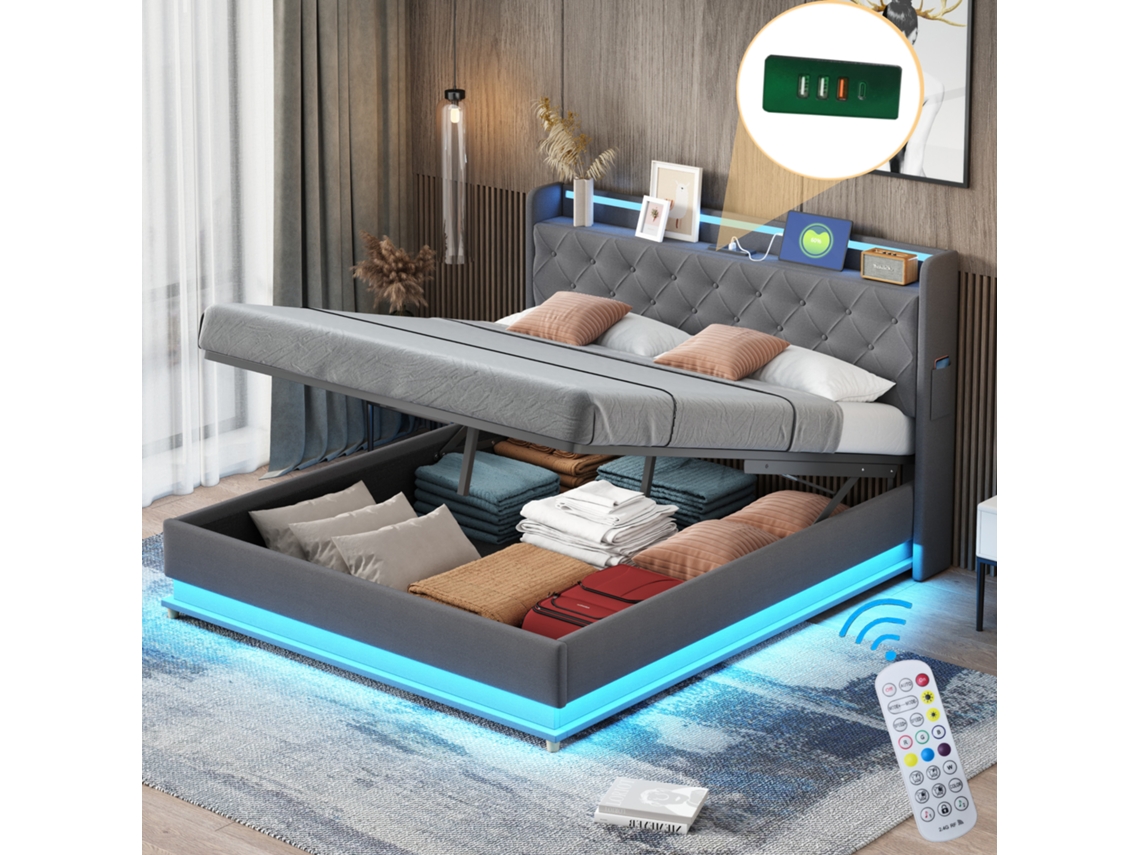 Cama Estofada 160x200 Led Usb Suspensão Hidráulica Tecido Linho Cinza
